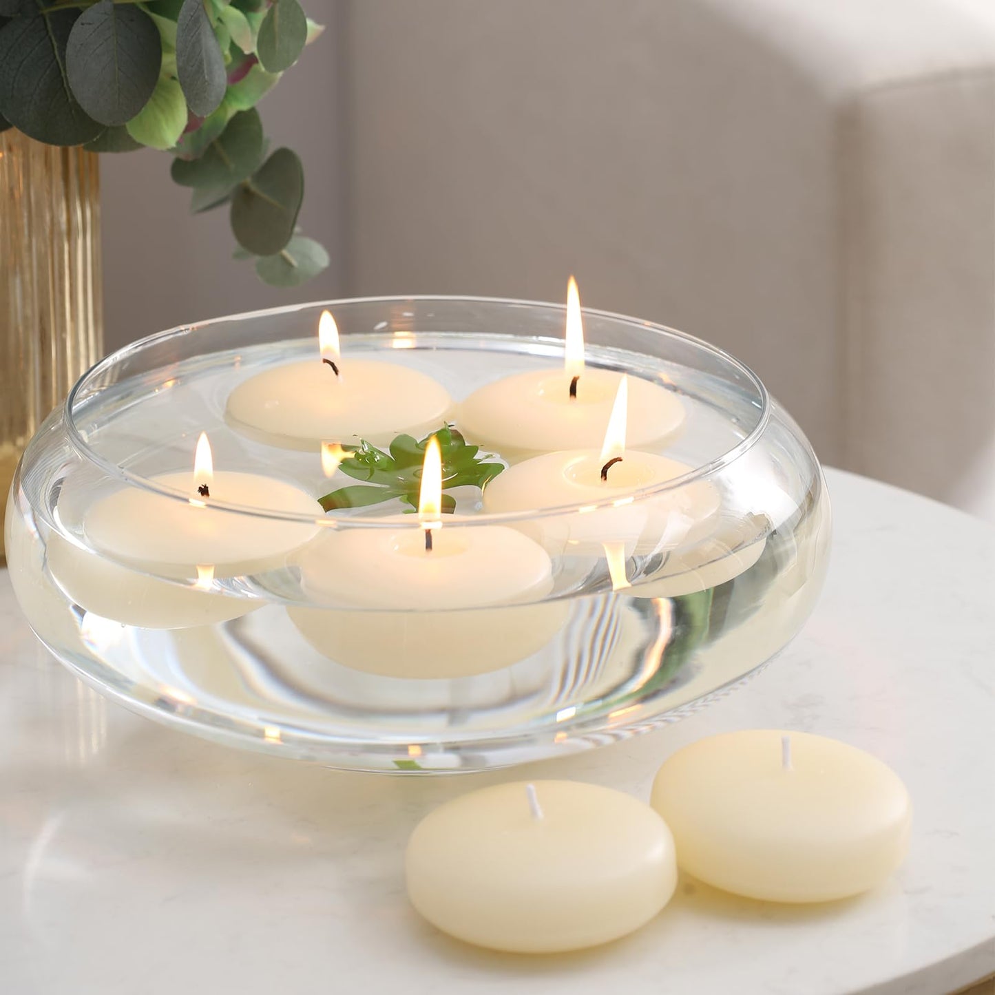KNOURT 12 Pack Floating Candles, 3” Ivory Unscented Dripless Wax Burning Candles, for Weddings, Party, Cylinder Vases, and Home Decorations…