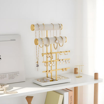 Lolalet Bracelet Display Stand Necklaces Holder, 5 Tiers Jewelry Organizer and Storage Rack with Velvet Slot and Metal Base, for Women Bangles Watches Ring Earrings -White