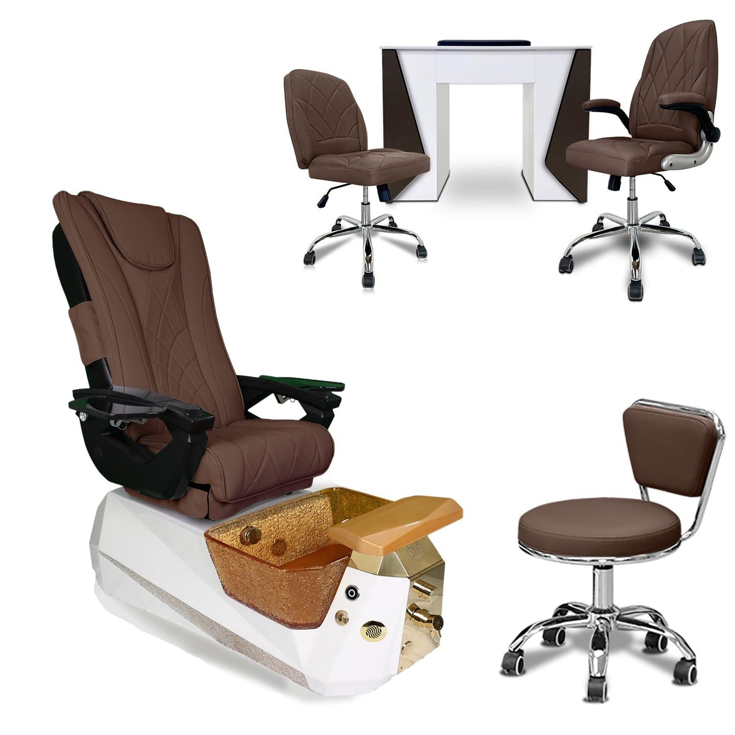 Galaxy Professional Nail Salon Furniture Set – Luxury Pedicure Spa Chair, Manicure Table & Technician Stools (Chocolate Set, Espresso Table)