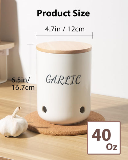 Magclay Ceramic Garlic Keeper with Lid, 40 Oz Large Garlic Holder, Garlic Storage Container, White with Black Text