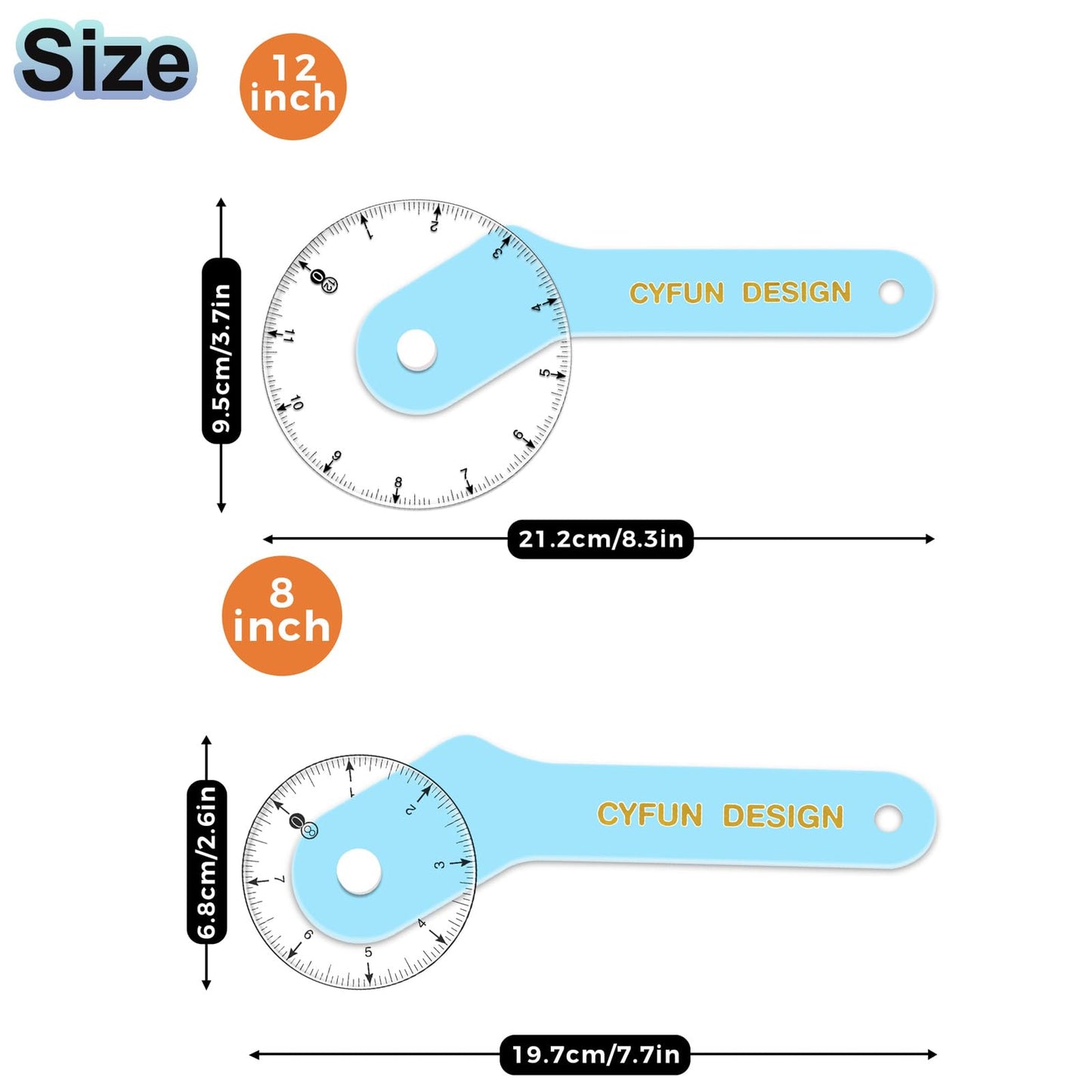 2Pcs/Set 12inch&8inch Sewing Wheel Ruler for Measuring Curves；360 Degrees Rotating Acrylic Rolling Rulers for Tailors, Dressmakers & Seamstresses necklines, Trim, Ruffles, Binding, Etc.
