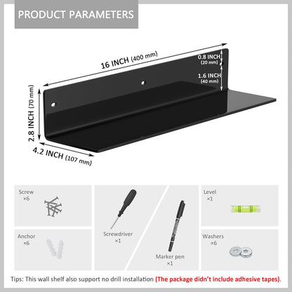 16 Inches 2 Pack, 4'' Sezanrpt Black Acrylic Wall Shelves L Shape Floating Shelf, Acrylic Corner Shelf for Model Car