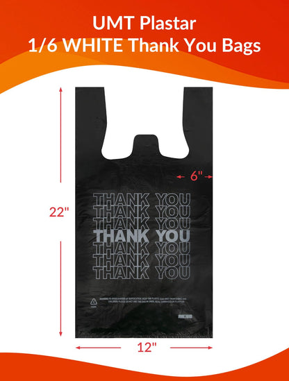UMT Plastar 300 Count Thank You Bags, 12 x 6 x 22 in, 15 Mic Black Grocery Bags