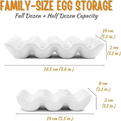 Flexzion 12 + 6 Cups Ceramic Egg Holder - 18 Porcelain Egg Tray Container for Refrigerator Countertop Display