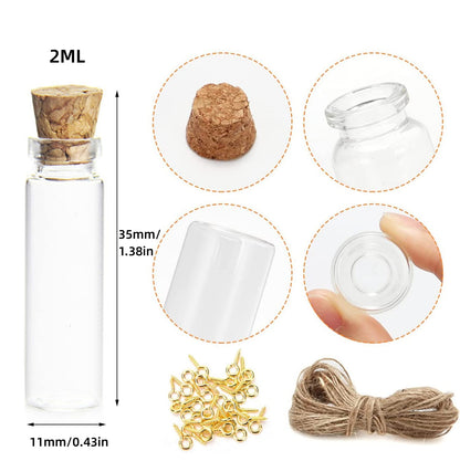 Minsily 100 Pcs 2ml Mini Glass Bottles with Cork Stoppers, 20 Meters Twines, Tiny Jars, Clear Mini Vials, Corked Bottles for DIY Arts, Crafts, Decoration, Party Favors, Gift