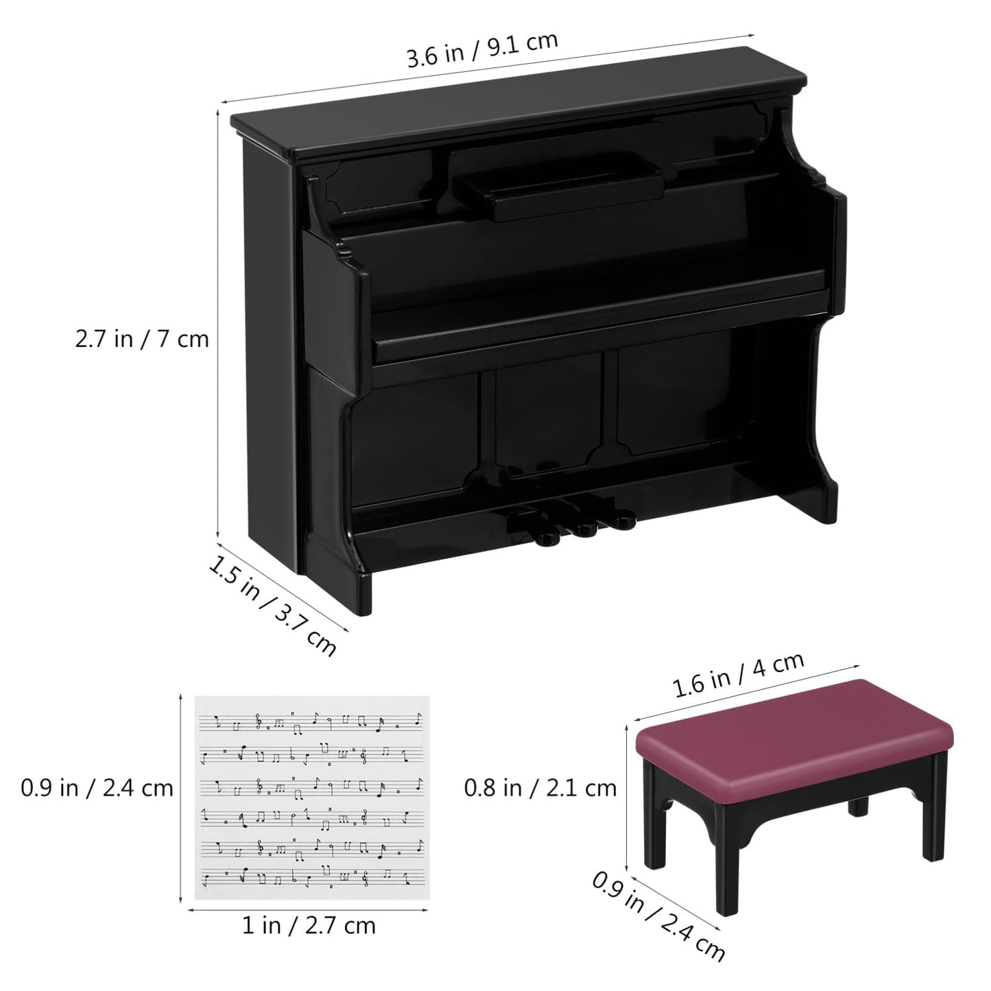 HEALLILY Mini Dollhouse Piano: Black Plastic Dollhouse Piano and Stool Set with Music Sheet for Scene Shooting Props Doll House Decoration, 3.58 X 2.75 X 1.45 Inches