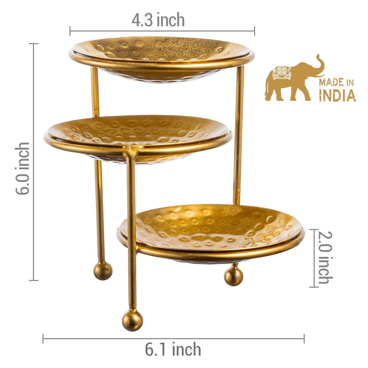 MyGift 3 Tier Jewelry Dish Organizer - Hammered Brass Plated Metal Ring Tray, Decorative Earring, Necklace, Bracelet Storage Display Tower - Handcrafted in India