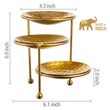 MyGift 3 Tier Jewelry Dish Organizer - Hammered Brass Plated Metal Ring Tray, Decorative Earring, Necklace, Bracelet Storage Display Tower - Handcrafted in India