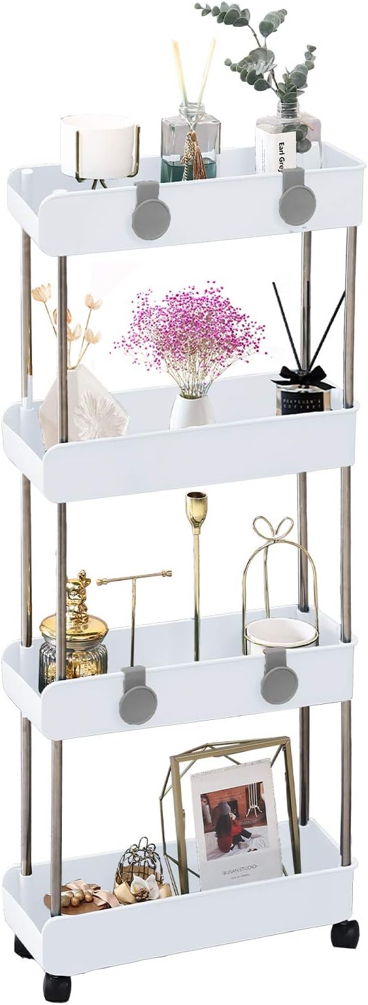 4-Tier Melody House Slim Mobile Shelving Unit on Wheels, Slide Out Rolling Bathroom Storage Organizer, Utility Carts