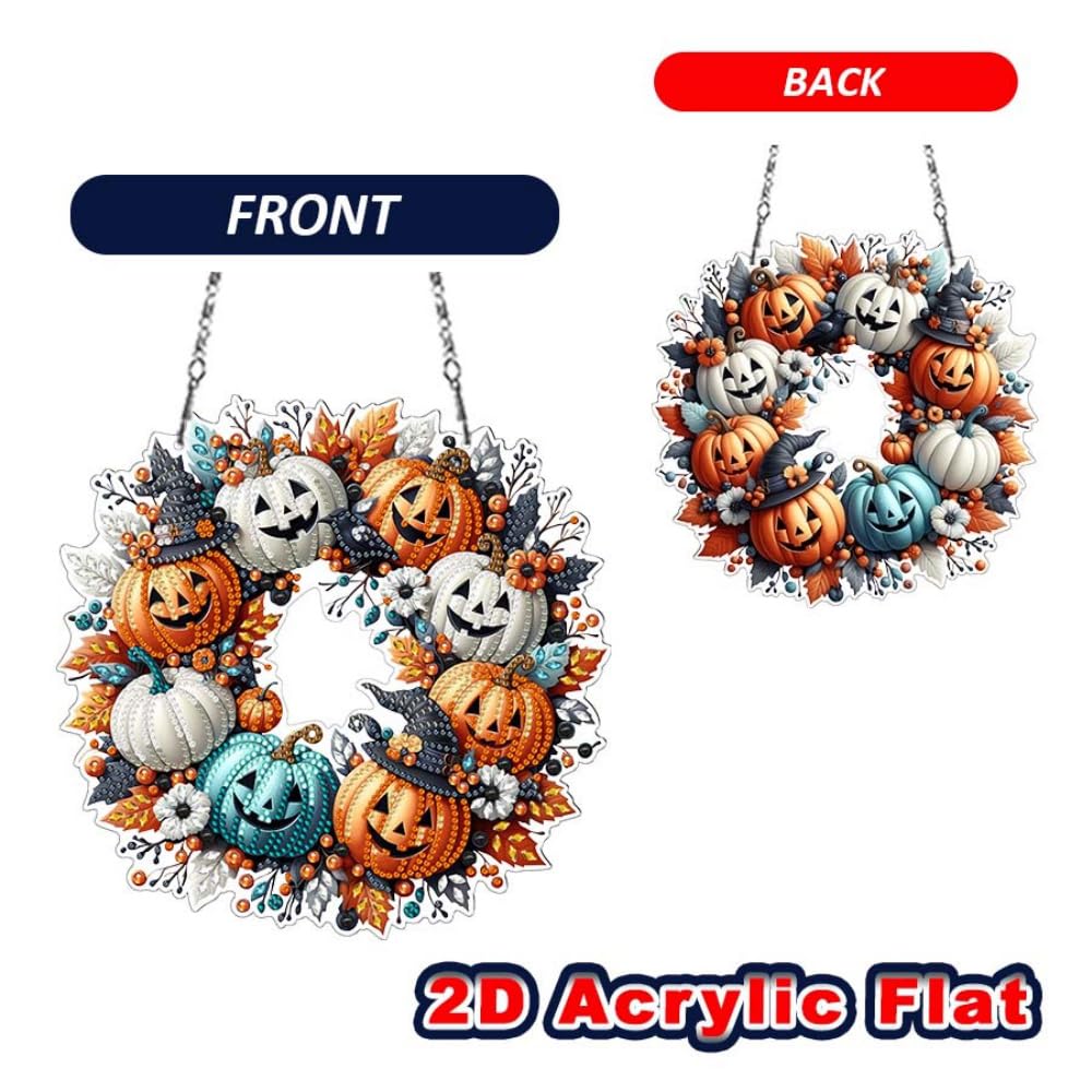Yimofy Halloween Pumpkin Wreath Diamond Art Hanging Kits for Adults, DIY Double Sided Diamond Painting Ornament with Chain for Halloween Home Door Wall Window Decor (Pumpkin Wreath)
