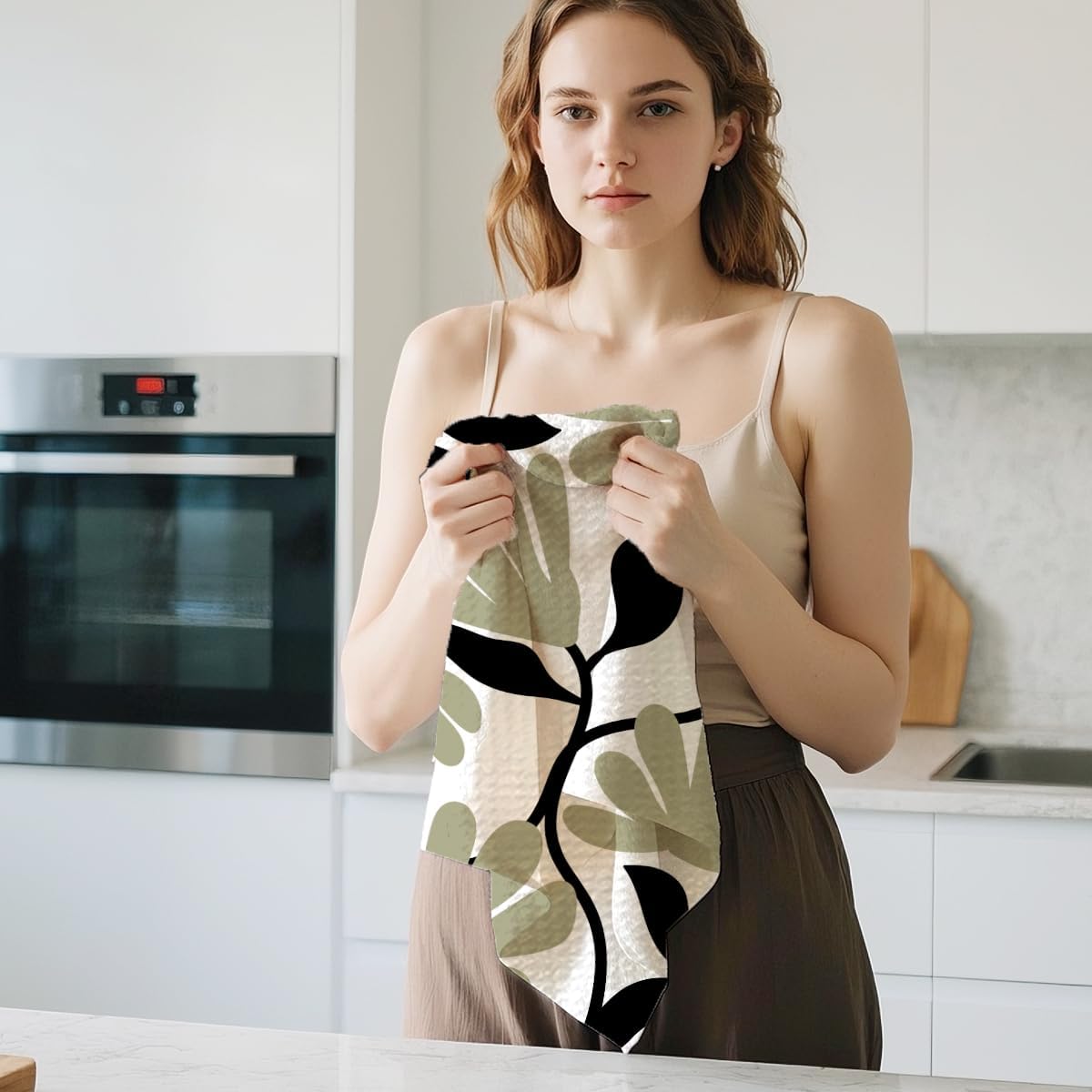 Jztco 2Pcs 24x14 Inch, Abstract Floral Kitchen Towels Boho Style Sage Green Flower Hand Towels for Kitchen Home Decor