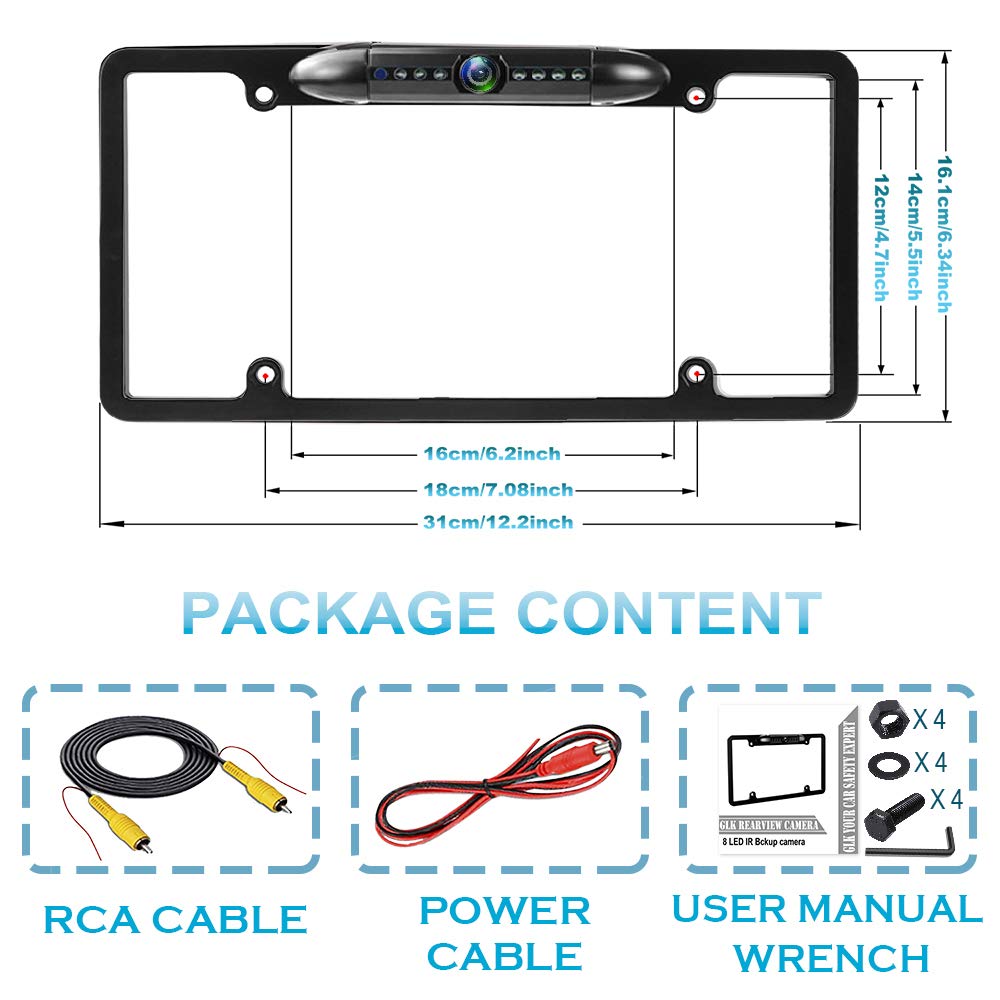 GLK License Plate Backup Camera HD Front Rear View Reverse Camera with 7 LED Night Vision 170 Degree Viewing Angle, Waterproof, for Cars