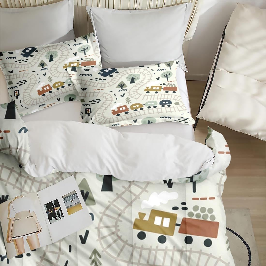 Set Cozy Set Comforter with Pillowcase Twin Size, Cute Forest Car Train City Map, Bedding Decor Funny Nursery Cartoon