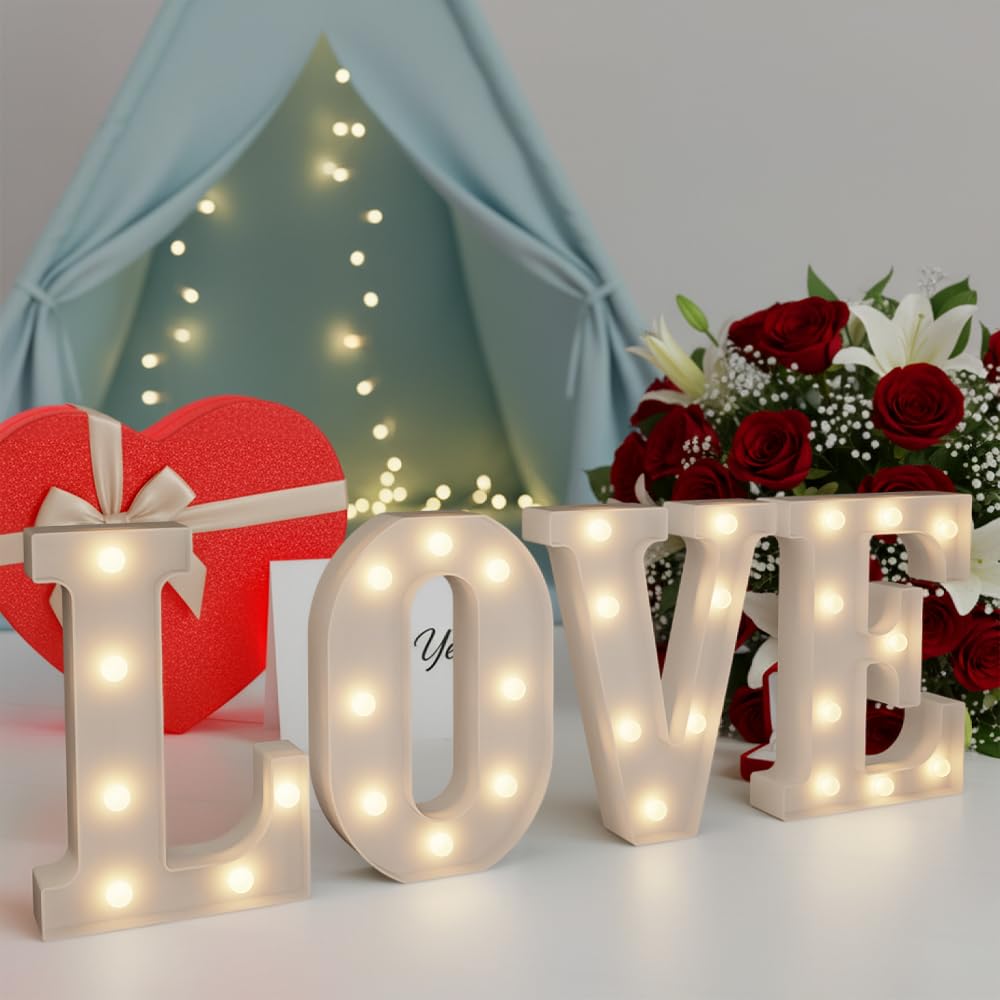 LOVE LED Marquee Signs Light Up Letters, LED LOVE Marquee Letter Lights, Warm White Letter Light for Wedding Proposal Decoration, Romantic Decorative Letters Signs, Battery Operated