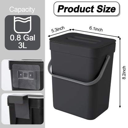 Compost Bin Kitchen, Includes 100 Trash Bags, Hanging Trash Can with Lid, Features Pet-Proof, Odor-Proof, and Quiet Opening/Closing. Suitable for Bathrooms/Bedrooms/Offices (Black, 0.8Gal/3L)