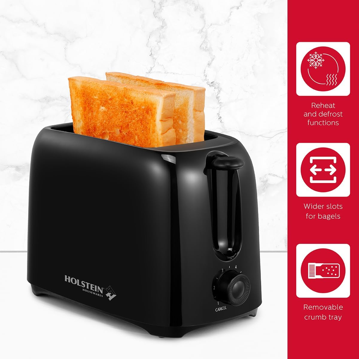 Holstein Housewares 2-Slice Toaster with 6 Browning Control Settings, Black, for Toasting Bread and Bagels