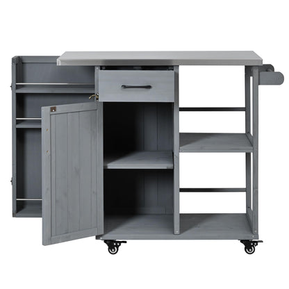 Outdoor Kitchen Island Cart with Stainless Steel Top, Rolling Grill Table with Storage Cabinet Drawer Shelves and Towel Rack, Wooden BBQ Prep Station with Lockable Wheels for Patio Backyard, Grey