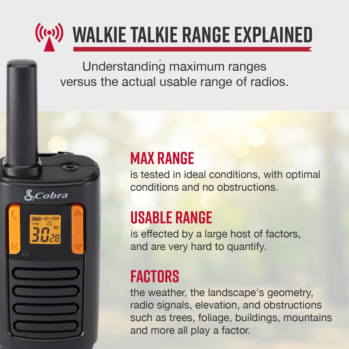 Cobra RX680 Walkie Talkies (2-Pack) - Rugged & Splashproof Two Way Radios Long Range, IP54 Water Resistant Design, 60 Pre-Programmed Channels, Weather Alerts, Included Charging Dock (Black/Orange)