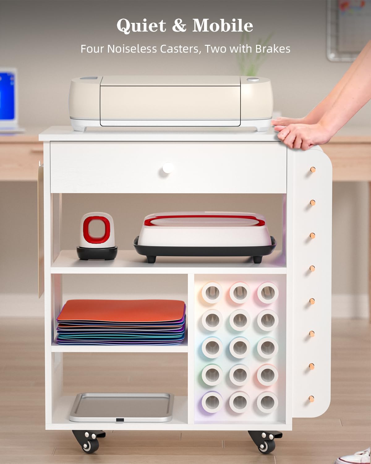Craft Organizers and Storage Table Compatible with Cricut Machine, VDamu Crafting Cabinet Cart with Vinyl Roll Holder for Craft Room Home Office