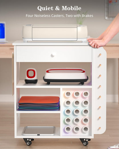 Craft Organizers and Storage Table Compatible with Cricut Machine, VDamu Crafting Cabinet Cart with Vinyl Roll Holder for Craft Room Home Office