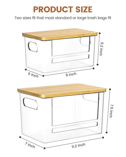 Trash Bag Dispenser 2 Pack, Acrylic Garbage Bags Dispenser with Bamboo Top, Extra Large Trash Bag Holder Dispensers Under Sink for Kitchen, Cabinet, Laundry Room, Pantry Organizer and Storage