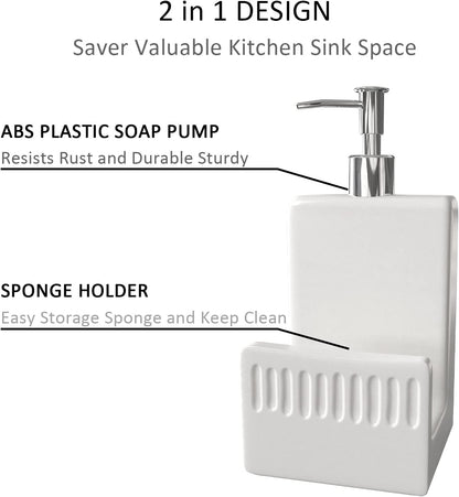 2 1 Soap Dispenser with Sponge Holder, Ceramic Dish Soap Dispenser for Kitchen Sink, in Refillable Liquid Hand