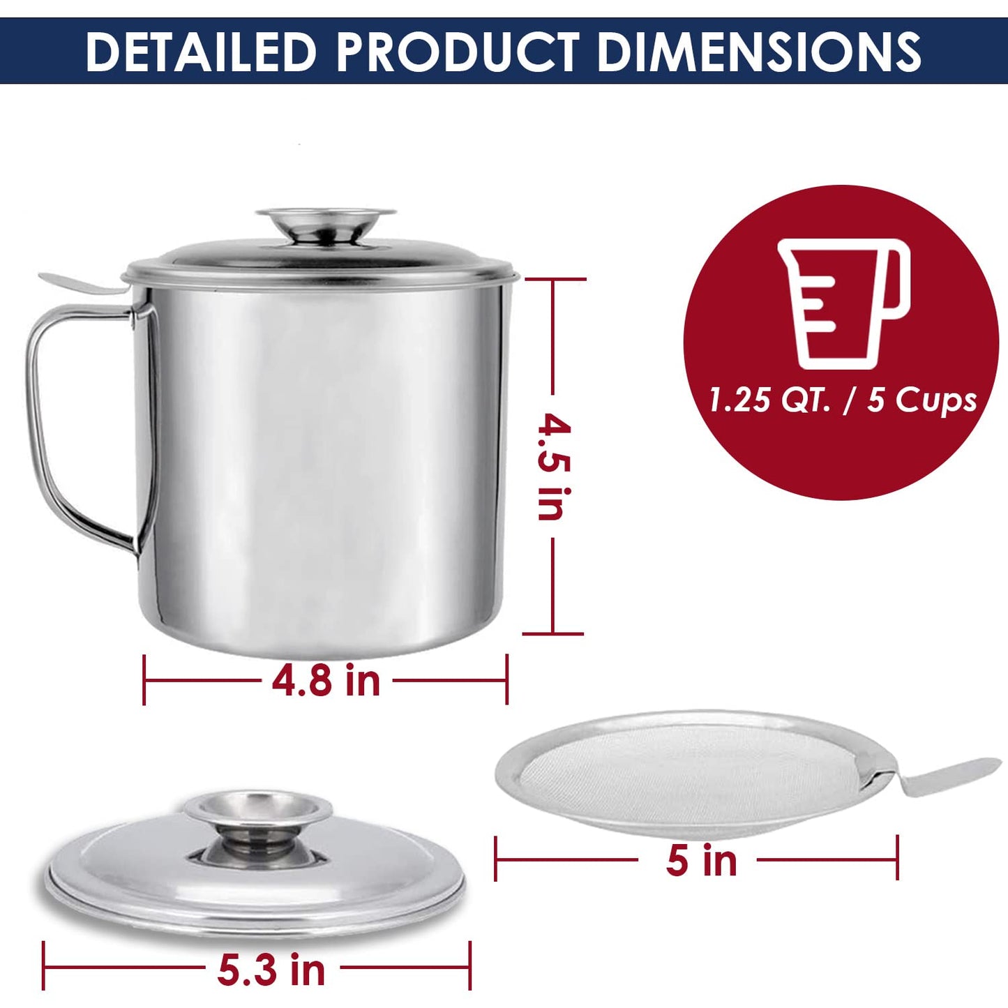 KEISSCO Bacon Grease Container with Strainer, Stainless Steel Oil Storage Can Container with Fine Mesh Strainer Fat Container Pot with Filter Screen, 1.25 QT / 5 Cups Grease Keeper Cooking Oil Keeper
