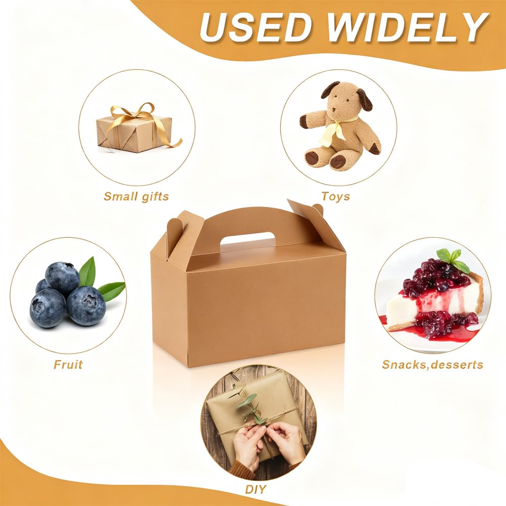Grevo Brown Cardstock Gable Box with Handle, 12Pcs, 9.45"x5"x5" Durable & Sturdy Treat Boxes for Wedding, Baby Shower, Kids Birthday, Party Favor, Holidays Gifts