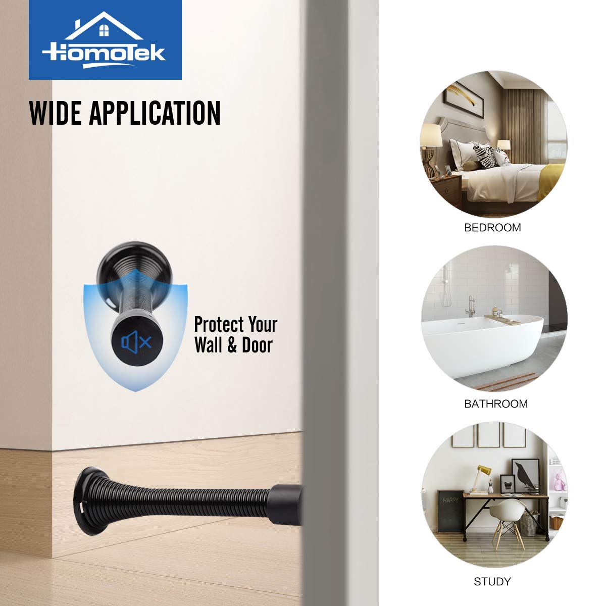 HOMOTEK 12 Pack Black Spring Door Stops,3-1/8" Heavy Duty - Flexible Door Stopper with Low Mounted Black Rubber Bumper Tips