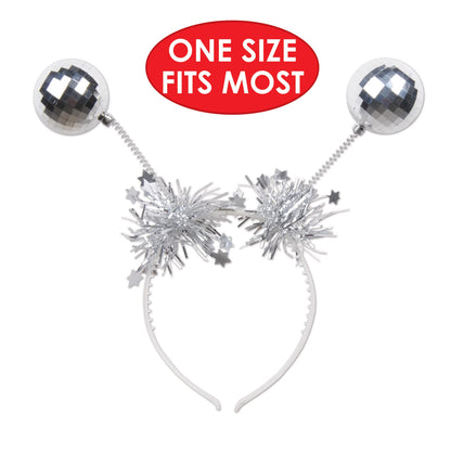 Beistle Silver Disco Ball Boppers – 3 Metallic Headband Accessories with Silver Ball Accents and Tinsel Garland, NYE Headwear for Retro Dance Parties, 1970’s Themed Decade Celebrations, Adult Size