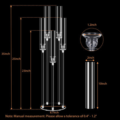 2Pcs 5 Arms Acrylic Candelabra Centerpieces for Tables Decortion,Clear Candle Holder for Wedding Dinner Fireplace Decoration,35 inches Tall Candlesticks Holder with Lampshade, Fits LED Candle