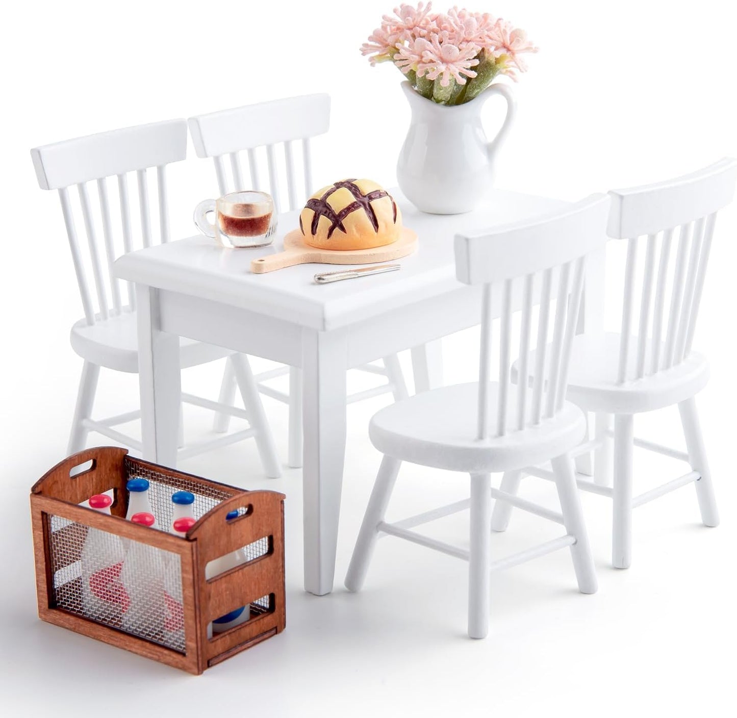 Minamzee 1/12 Dollhouse Table Chair Set, 17pcs Wooden Miniature Kitchen Furniture Set with Breakfast Accessories for Dining Room
