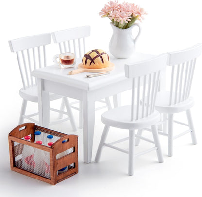 Minamzee 1/12 Dollhouse Table Chair Set, 17pcs Wooden Miniature Kitchen Furniture Set with Breakfast Accessories for Dining Room
