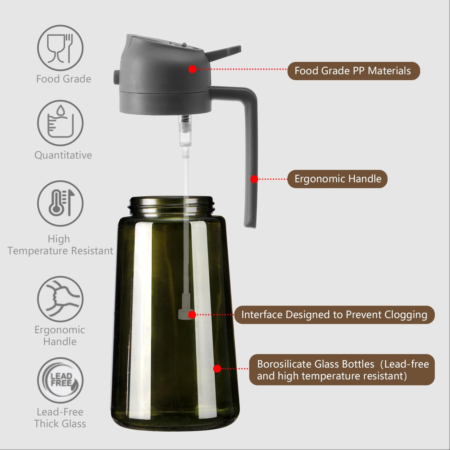 Olive Oil Dispenser and Oil Sprayer – 16oz/470ml Glass Light-Proof Oil Pourer for Kitchen, Air Fryer, Cooking, Salad, and BBQ
