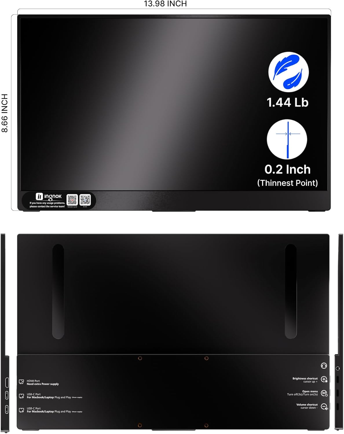 Ingnok Portable Monitor, Ultra Slim 15.6 Inch FHD IPS Laptop Screen Extender with Adjustable Stand, USB C Compatible, Ideal for Travel and Office