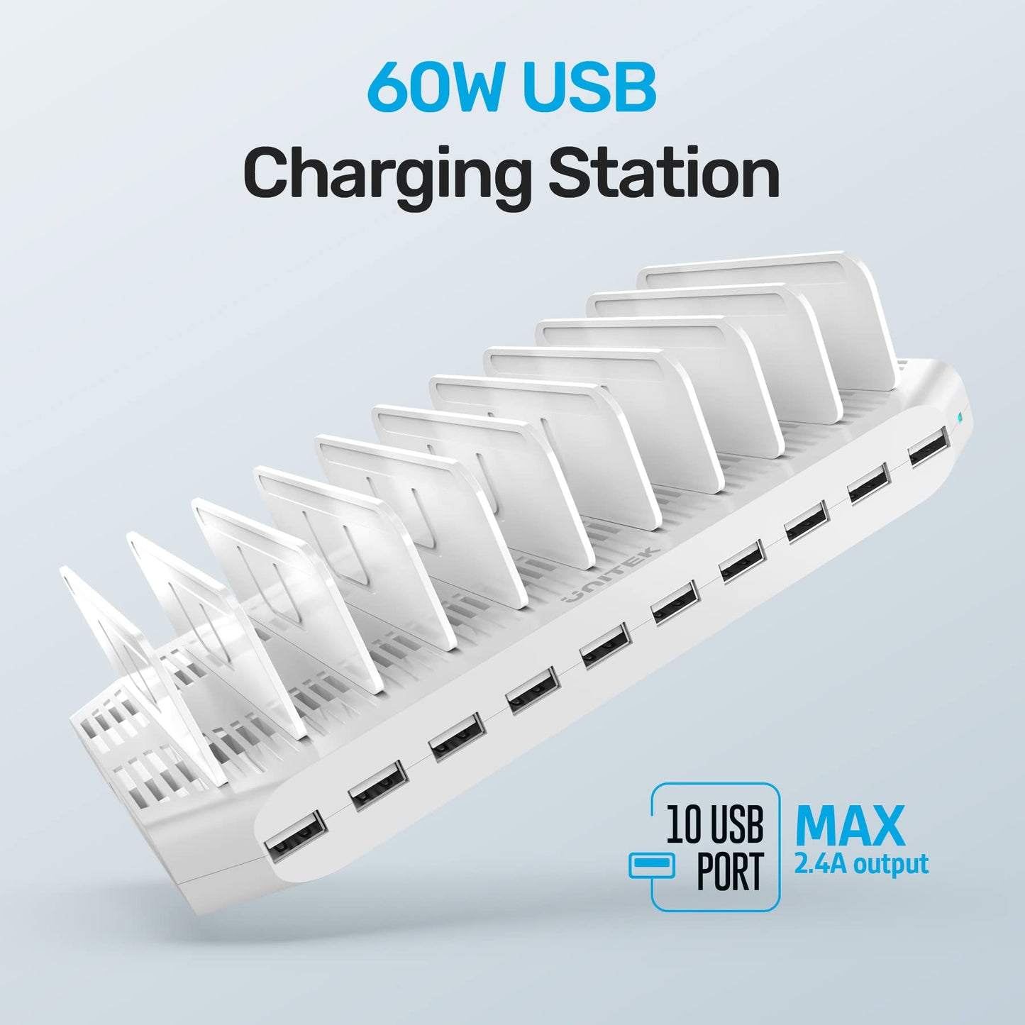Unitek Multi Charging Station, 10-Port USB Charger for Multiple Device with SmartIC Tech and Adjustable Dividers, Organizer Stand Compatible with iPad, Tablet, Kindle, iPhone