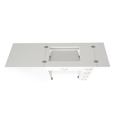 Arrow Classic Sewing Furniture Alice Compact Mid-Size Sewing Cabinet with Hydraulic Machine Lift, Drawers, Expandable Leaves, Locking Wheels - Ash White