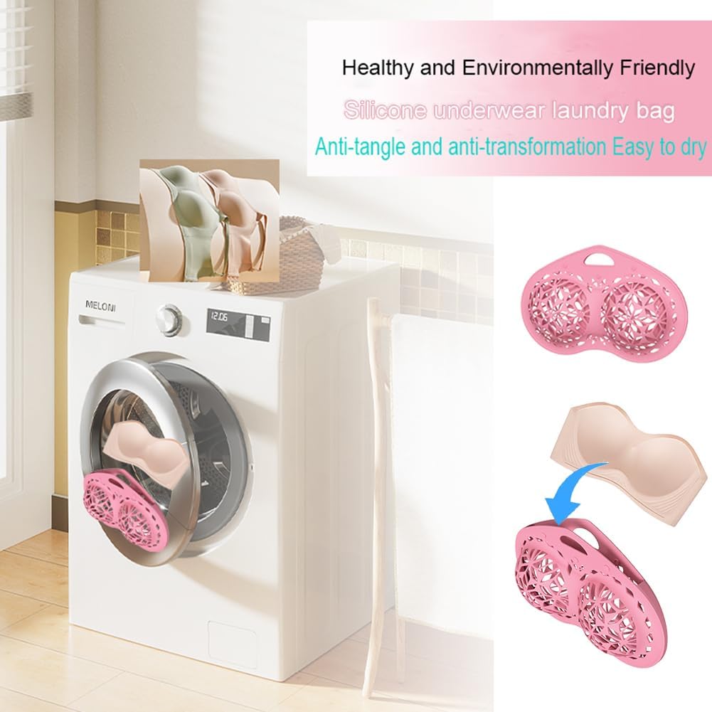 Bra Washing Bag Silicone Mesh, Reusable Pink Silicone Bra Wash Bag Fits A-C Cup Bras, Anti-Deformation Lingerie Bag