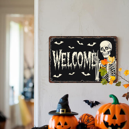 Welcome Skeleton Halloween Retro Metal Tin Sign Wall Art Decor for Front Door Home Farmhouse Halloween Party Indoor Outdoor 8x12 Inch