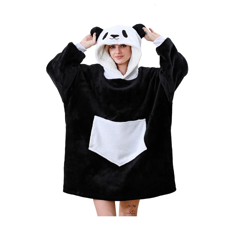 C hello cloud Oversized Hoodie Blanket, Wearable Blanket sweatshirt, Ultra Soft Sherpa Fleece Comfy Snuggle Hoodie, Comfy Snuggle Pullover for Women Men, Black White Panda