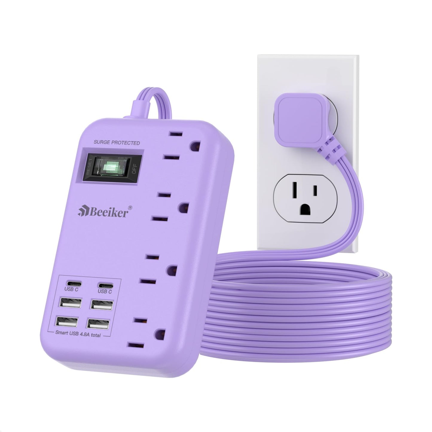 6 USB(2 USB C) Purple Travel Power Strip- 5Ft Lavender Extension Cord with 24W USB Charging Station and 4 Outlets, Purple Desk Accessories with Surge Protector for Cute Kawaii Office Dorm Room