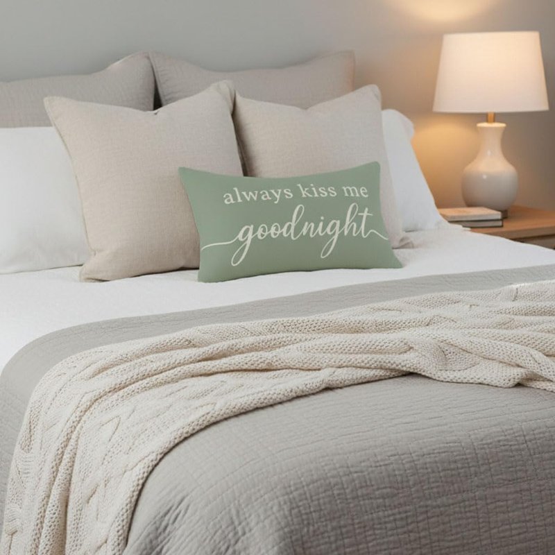 HERHOME Decorative Throw Pillow Cover 12x20 Inch, Always Kiss Me Goodnight Sage Green Lumbar Cushion Case for Bedroom Bed Sofa, Sweet Gifts for Couples Wedding Anniversary Spring Summer Home Decor