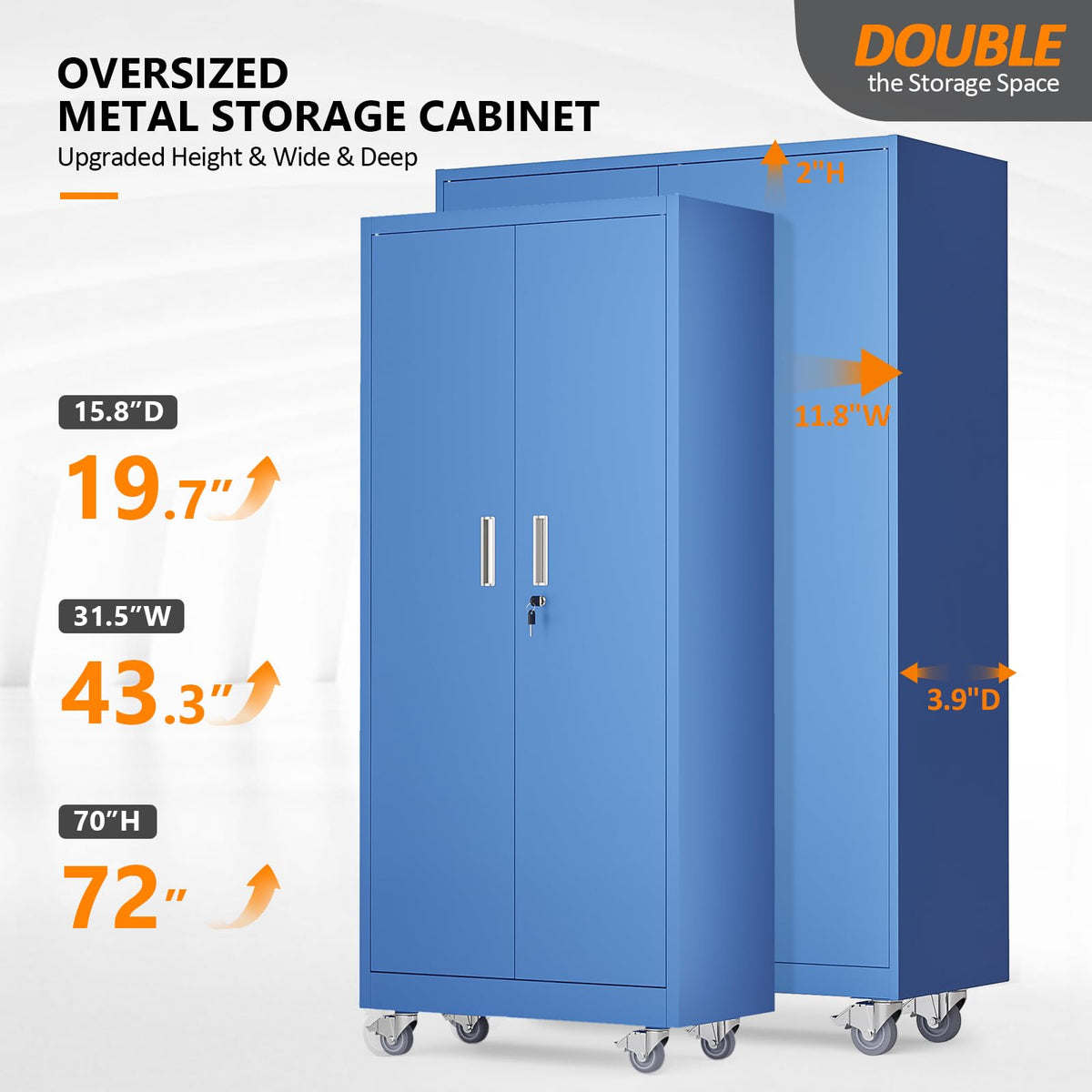 VINGLI Large Metal Storage Cabinet with 2 Doors and 5 Adjustable Shelves, Upgraded Height & Wide & Deep, 43''W x 20''D x 72''H, Oversized Garage Storage Cabinet with Wheels and Locks (Blue)
