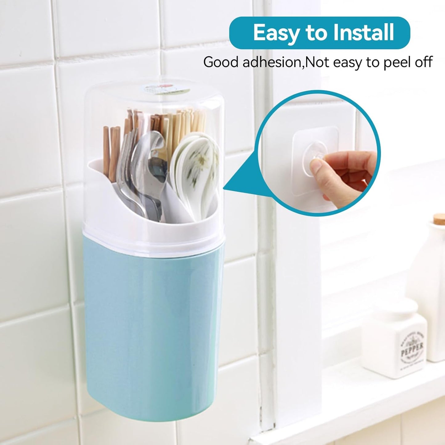 Blue Kitchen Utensil Holder with Cover, 4 Compartment Wall-Mounted Plastic Silverware Holder, Utensil Drying Rack for