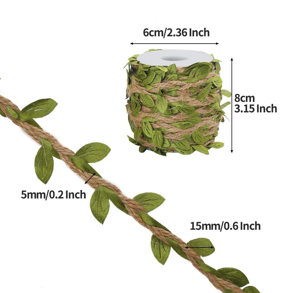 Tenn Well Burlap Leaf Ribbon, 132Feet 5mm Jute Twine Vine with Artificial Leaves for Crafts, Wedding, Jungle Party Decor (2PCS x 66Feet)