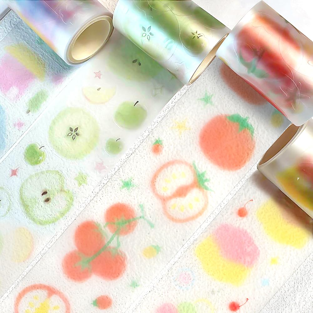 Qojai 4 Rolls Washi Tape Set,Cute Washi Tape Stickers with Die Cutting,Cartoon Fruit PET Washi Tape,Self-Adhesive Waterproof PET Tape,DIY Crafts Decorative Tape for Journaling Scrapbooking Supplies