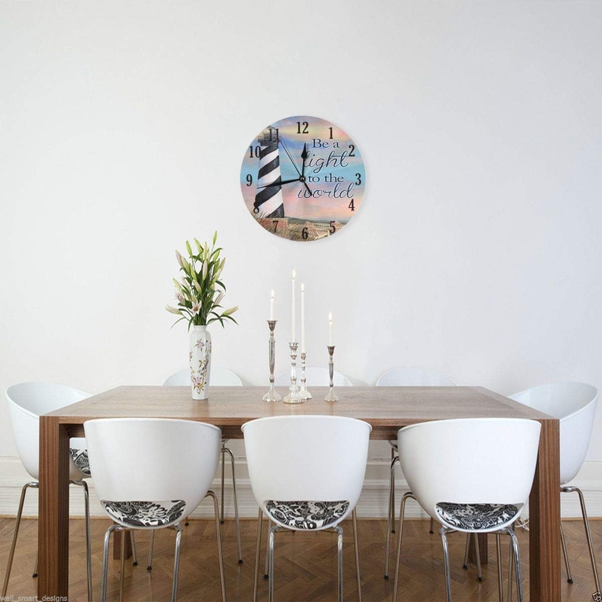 KiuLoam Summer Coastal Lighthouse Round Wall Clock, Silent Non-Ticking, Battery Operated, Easy to Read Decorative Art