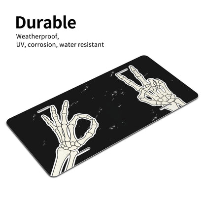Skeleton Hand Ok and Peace Sign Front License Plate for Women Car Vanity Plates Decorative Aluminum Metal Cute Novelty License Plate Cover for Men 6x12 Inch (4 Holes)
