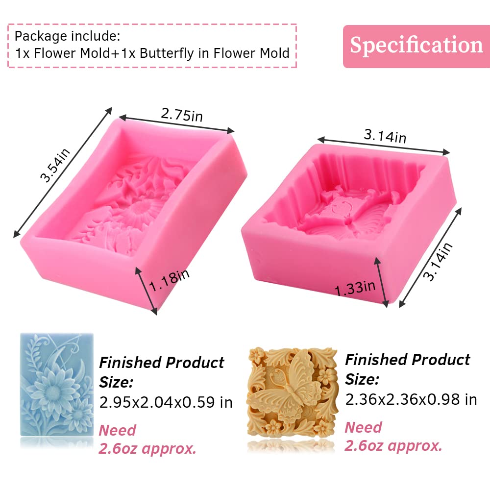 2 Pack Butterfly Flower Soap Molds for Soap Making, 3D Floral Silicone Mold for Handmade Soaps, Bath Bombs, Lotion Bars, Beeswax, Candles, Polymer Clay, Plaster of Paris, Resin Craft Making Supplies