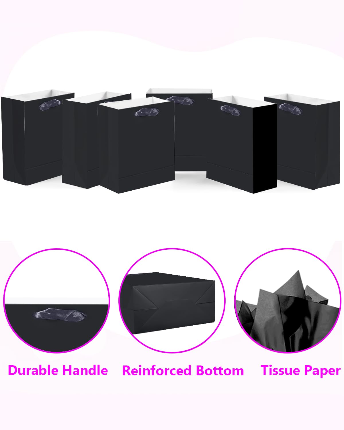 qiqee 24pcs Black Gift Bags with Tissue Paper for Wedding, Birthday, Party Supplies-7.9"x4.3"x9.6" Medium Size Cardboard Gift Bags（24pcs Bags + Tissue Paper ）